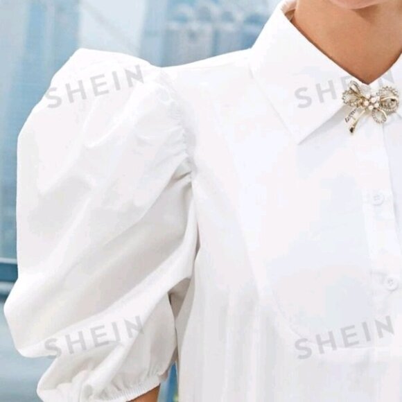 Puff Sleeve Half Button Bow Front Crop Top - Picture 7 of 8